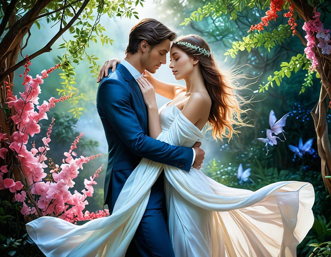 A captivating and artistic representation of a sensual scene, featuring elegant and ethereal characters entwined in a passionate embrace surrounded by soft, flowing fabrics and vibrant, dreamlike colors. The backdrop should be a visually striking fusion of nature and abstract art, creating a harmonious atmosphere that blends beauty and allure. Super-realistic. Vibrant colors. Soft focus.